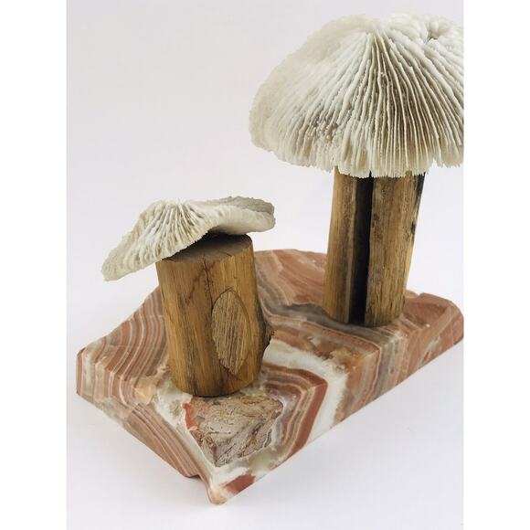 Vintage Banded Stone Marble Two Mushroom White Sculpture Primitive Wood Coral Ar - Picture 4 of 12